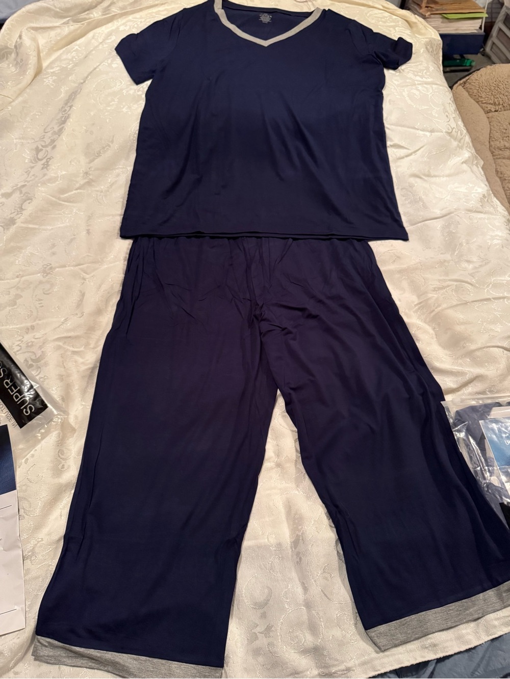 Women's Navy Pajama Set with Gray Contrast Trim Bsmaboo